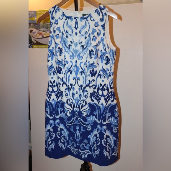 EUC Blue and White Lauren Ralph Lauren Sheath Dress Size 10 - Picture 2 of 9